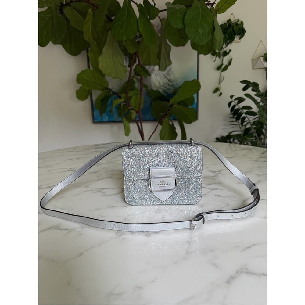 Coach Morgan Square Crossbody Shoulder Bag in Silver Glitter Leather CO925 - Picture 2 of 16